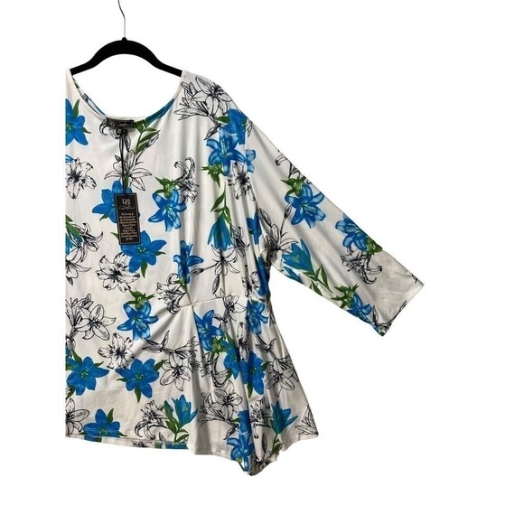 New DG2 Diane Gilman Floral Top Shirt 3/4 Sleeves Blue White Black Floral Ruffle - Picture 2 of 14